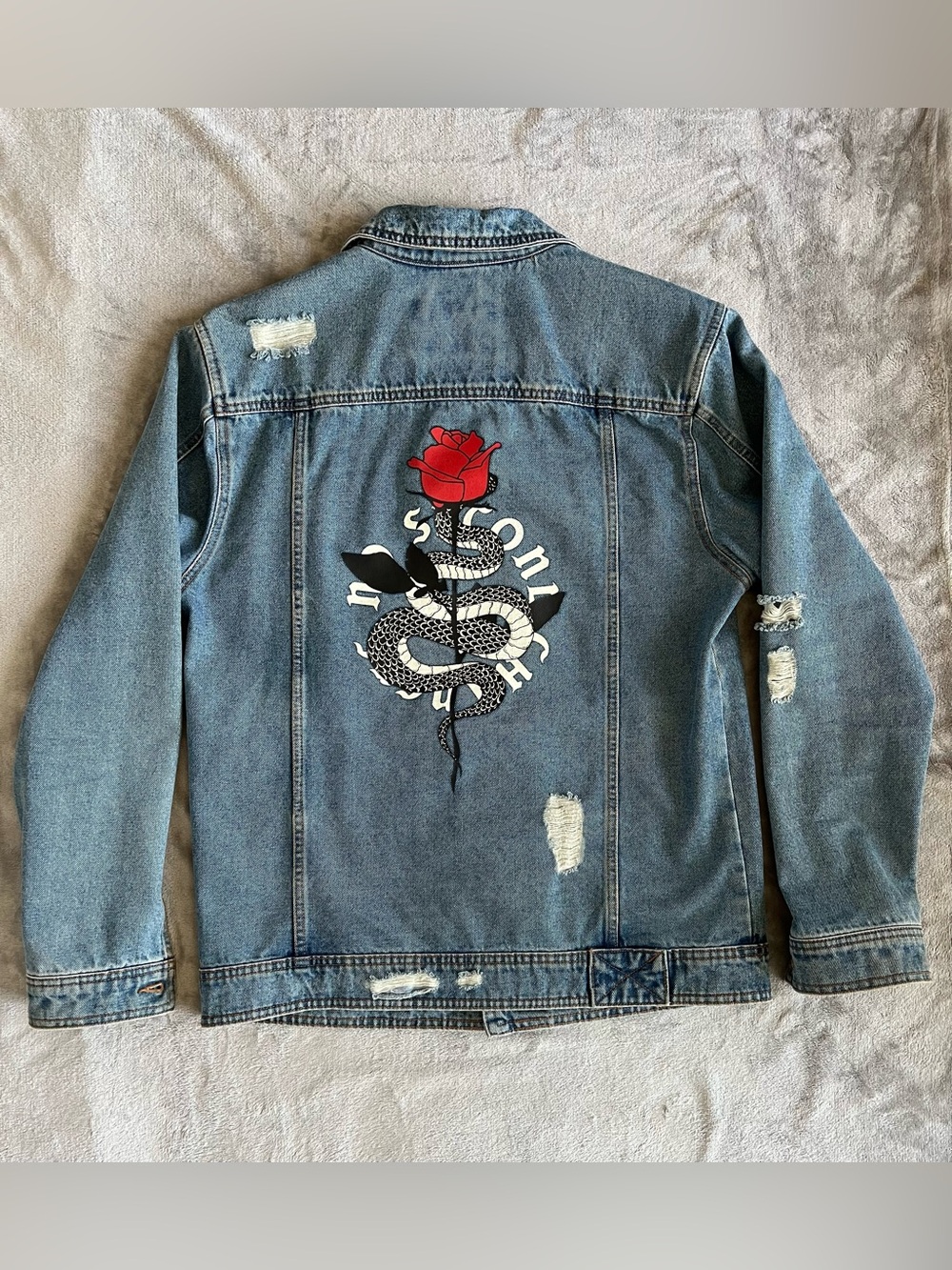 Men’s Distressed Denim Jacket Snake Rose Graphic Back Streetwear Jean Jacket